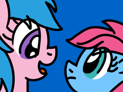 Size: 1024x768 | Tagged: safe, artist:danielthebrony57, baby cuddles, firefly, earth pony, pegasus, pony, g1, g4, baby, baby cuddles is not amused, baby pony, blue background, cuddlebetes, cuddlefly, cute, duo, eye clipping through hair, eye contact, female, filly, flyabetes, foal, frown, g1 to g4, generation leap, lesbian, looking at each other, looking at someone, mare, shipping, siblings, simple background, sisters, smiling, talking, unamused, what the heck, wide eyes