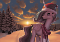 Size: 1955x1384 | Tagged: safe, artist:suhar, princess celestia, alicorn, pony, g4, christmas, christmas tree, clothes, cloud, female, forest, hat, holiday, horn, mare, santa hat, scarf, sky, snow, solo, sun, sunrise, tail, tree, wings, winter