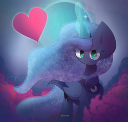Size: 2300x2200 | Tagged: safe, artist:miryelis, princess luna, alicorn, pony, g4, cute, female, flower, heart, high res, horn, looking at you, lunabetes, magic, mare, moon, night, smiling, smiling at you, solo, standing, stars, wings