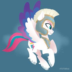 Size: 2048x2048 | Tagged: safe, artist:pfeffaroo, zipp storm, pegasus, pony, g5, my little pony: a new generation, armor, female, helmet, high res, mare, smiling, solo, spread wings, wings