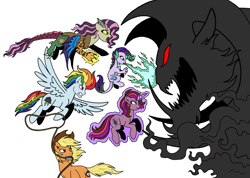 Size: 2670x1899 | Tagged: safe, artist:melspyrose, grogar (g1), oc, oc:crystal gem, oc:johnny appleseed, oc:mirage, oc:tempest bolt, oc:violet harmony, draconequus, dracony, dragon, earth pony, ghost, hybrid, pegasus, pony, undead, unicorn, g1, age of equestria, fight, interspecies offspring, offspring, parent:applejack, parent:caramel, parent:discord, parent:fluttershy, parent:oc:courageous heart, parent:rainbow dash, parent:rarity, parent:soarin', parent:spike, parent:twilight sparkle, parents:canon x oc, parents:carajack, parents:discoshy, parents:soarindash, parents:sparity, rope