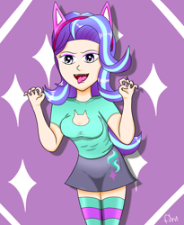 Size: 2050x2500 | Tagged: safe, artist:film77asq, starlight glimmer, equestria girls, g4, clothes, female, high res, human coloration, open mouth, skirt, socks, solo, stockings, striped socks, thigh highs, tongue out