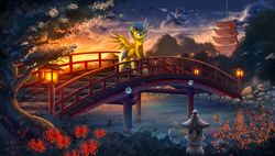Size: 4619x2625 | Tagged: safe, artist:atlas-66, oc, oc only, oc:whirlwind, fish, koi, pegasus, pony, asian, bridge, happy, high res, japan, lantern, male, nature, pagoda, pegasus oc, scenery, scenery porn, sky, solo, spread wings, tree, water, wings