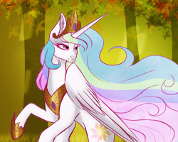 Size: 4000x3200 | Tagged: safe, artist:greenmarta, artist:minelvi, princess celestia, alicorn, pony, g4, collaboration, female, leaves, solo, tree