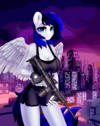 Size: 1200x1500 | Tagged: safe, artist:shooshaa, oc, oc only, oc:hot breach, pegasus, anthro, animated, ar-15, big breasts, breasts, city, cityscape, cleavage, clothes, commission, female, fingerless gloves, gif, gloves, gun, looking at you, rifle, rooftop, shorts, solo, tank top, twilight (astronomy), weapon, wings