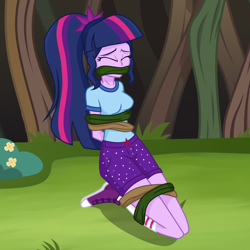 Size: 2000x2000 | Tagged: safe, artist:nie-martw-sie-o-mnie, sci-twi, twilight sparkle, equestria girls, g4, ankle tied, bondage, bound and gagged, clothes, converse, eyes closed, female, gag, high res, kneeling, shoes, sneakers, solo, vine, vine bondage, vine gag