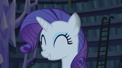 Size: 1920x1080 | Tagged: safe, screencap, rarity, pony, unicorn, g4, scare master, ^^, eyes closed, library, smiling, solo, twilight's castle