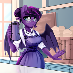 Size: 4000x4000 | Tagged: oc name needed, safe, artist:shooshaa, oc, oc only, bat pony, anthro, absurd resolution, anthro oc, apron, barista, bat pony oc, bat wings, clothes, coffee pot, commission, female, glasses, shirt, smiling, solo, spread wings, wings