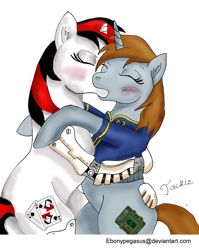 Size: 798x1001 | Tagged: safe, artist:ebonypegasus, oc, oc only, oc:blackjack, oc:littlepip, pony, unicorn, fallout equestria, fallout equestria: project horizons, bipedal, blushing, butt, duo, fanfic art, female, horn, kiss on the lips, kissing, lesbian, mare, mare on mare, plot, prosthetics, simple background, small horn, white background