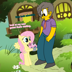 Size: 2048x2048 | Tagged: safe, artist:haileykitty69, fluttershy, axolotl, human, pegasus, pony, g4, bipedal, crossover, female, high res, interspecies, male, mare, seymour skinner, the simpsons