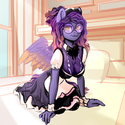 Size: 4000x4000 | Tagged: oc name needed, safe, artist:shooshaa, oc, oc only, pegasus, anthro, absurd resolution, big breasts, breasts, cleavage, clothes, female, glasses, kneeling, looking at you, maid, meganekko, round glasses, solo