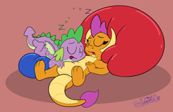 Size: 3452x2237 | Tagged: safe, artist:rupert, smolder, spike, dragon, g4, belly pillow, cute, dragoness, dragons day, duo, female, floor pillow, head on tummy, high res, lying down, male, on back, onomatopoeia, pillow, prone, ship:spolder, shipping, shipping fuel, sleeping, smolderbetes, snoring, sound effects, spikabetes, stomach, straight, sweet dreams fuel, underbelly, winged spike, wings, zzz