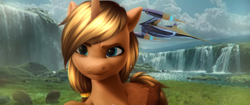 Size: 1920x804 | Tagged: safe, derpibooru exclusive, oc, oc only, oc:royale royce, alicorn, pony, 3d, alicorn oc, horn, male alicorn, n1 starfighter, naboo, star wars, teal eyes, waterfall, wings