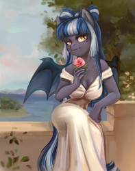 Size: 3000x3807 | Tagged: safe, artist:shooshaa, oc, oc only, oc:midnight rush, bat pony, anthro, bat pony oc, beautiful, beauty mark, breasts, cleavage, clothes, complex background, dress, fangs, female, flower, high res, lidded eyes, sitting, solo