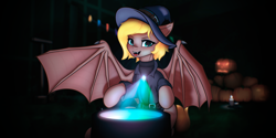 Size: 5761x2880 | Tagged: safe, artist:d30-nt00rg, oc, oc only, bat pony, pony, bat pony oc, cauldron, clothes, female, hat, solo, witch, witch hat