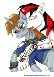 Size: 722x1014 | Tagged: safe, artist:ebonypegasus, oc, oc only, oc:blackjack, oc:littlepip, cyborg, pony, unicorn, fallout equestria, fallout equestria: project horizons, amputee, blushing, clothes, cybernetic legs, duo, eyes closed, fanfic art, female, horn, jumpsuit, lesbian, licking, mare, mare on mare, prosthetics, simple background, small horn, tongue out, transparent background, vault suit