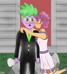 Size: 2304x2576 | Tagged: safe, artist:film77asq, scootaloo, spike, equestria girls, g4, blushing, clothes, dress, duo, equestria girls-ified, female, floral head wreath, flower, high res, human spike, kissing, male, request, ship:scootaspike, shipping, straight, suit