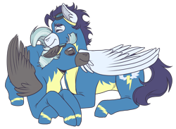 Size: 3000x2200 | Tagged: safe, artist:monnarcha, soarin', thunderlane, pegasus, pony, g4, clothes, commission, duo, eyes closed, gay, goggles, high res, male, shipping, simple background, snuggling, soarilane, stallion, transparent background, uniform, wonderbolts, wonderbolts uniform