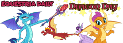 Size: 1000x350 | Tagged: safe, artist:melisareb, edit, vector edit, garble, princess ember, prominence, smolder, dragon, equestria daily, g4, banner, brother and sister, dragoness, female, male, siblings, simple background, spread wings, stars, text, transparent background, vector, wings