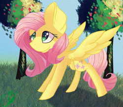 Size: 1003x873 | Tagged: safe, artist:greenmarta, artist:valliatthedisco, fluttershy, pegasus, pony, g4, apple, apple tree, collaboration, female, mare, solo, tree