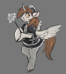 Size: 761x857 | Tagged: safe, artist:purple-blep, oc, oc:mitchy, alicorn, pony, alicorn oc, clothes, crossdressing, femboy, horn, maid, male, solo, wings