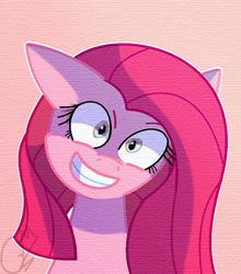 Size: 765x868 | Tagged: safe, artist:greenmarta, artist:leanne, pinkie pie, earth pony, pony, g4, bust, collaboration, female, grin, pink background, pinkamena diane pie, simple background, smiling, solo