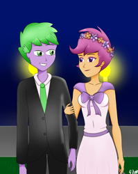 Size: 2192x2760 | Tagged: safe, artist:film77asq, scootaloo, spike, equestria girls, g4, clothes, dress, duo, equestria girls-ified, female, floral head wreath, flower, high res, human spike, male, request, ship:scootaspike, shipping, straight, suit