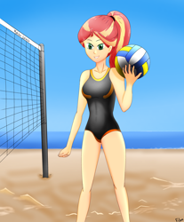 Size: 2448x2955 | Tagged: safe, artist:film77asq, sunset shimmer, equestria girls, g4, beach, beach ball, clothes, female, high res, human coloration, one-piece swimsuit, solo, sports, sunset, swimsuit, volleyball