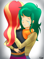 Size: 2104x2800 | Tagged: safe, artist:film77asq, sunset shimmer, wallflower blush, equestria girls, equestria girls specials, g4, my little pony equestria girls: better together, my little pony equestria girls: forgotten friendship, clothes, comforting, crying, duo, duo female, eyes closed, female, high res, hug, human coloration, sad