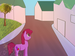 Size: 3300x2438 | Tagged: safe, artist:greenmarta, berry punch, berryshine, earth pony, pony, g4, butt, female, high res, house, mare, plot, solo, street, tree