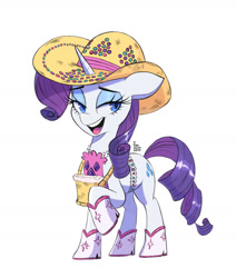 Size: 1190x1404 | Tagged: safe, artist:fanzeem, rarity, pony, unicorn, g4, basket, clothes, commission, eyeshadow, female, hat, lidded eyes, looking at you, makeup, mare, open mouth, open smile, raised hoof, rhinestone rarihick, shoes, simple background, smiling, solo, white, white background