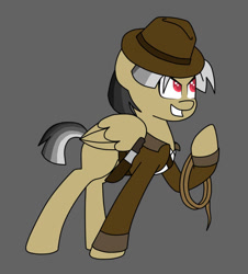 Size: 800x886 | Tagged: safe, artist:kb-gamerartist, daring do, pegasus, pony, g4, alternate hairstyle, black background, clothes, coat, fedora, female, grin, hat, knife, mare, raised hoof, redesign, simple background, smiling, solo, whip