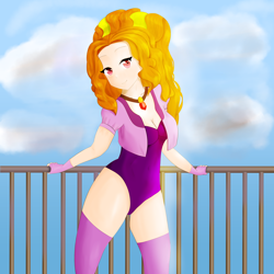 Size: 4000x4000 | Tagged: safe, artist:toffrox, adagio dazzle, equestria girls, g4, breasts, cleavage, clothes, cloud, female, gem, human coloration, leotard, looking at you, railing, siren gem, sky, socks, solo, thigh highs