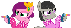 Size: 5008x2032 | Tagged: safe, artist:jadeharmony, artist:kb-gamerartist, octavia melody, pipp petals, earth pony, pegasus, pony, g4, g5, my little pony: a new generation, annoyed, base used, clothes, duo, female, leotard, lipstick, makeup, mare, pointing, raised hoof, simple background, transparent background