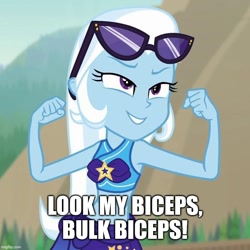 Size: 738x738 | Tagged: safe, edit, edited screencap, screencap, trixie, equestria girls, equestria girls specials, g4, my little pony equestria girls: better together, my little pony equestria girls: forgotten friendship, biceps, bikini, caption, clothes, flexing, image macro, implied bulk biceps, sarong, solo, swimsuit, text