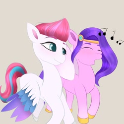 Size: 2048x2048 | Tagged: safe, artist:pipp_petal, pipp petals, zipp storm, pegasus, pony, g5, my little pony: a new generation, duo, duo female, eyebrows, eyebrows visible through hair, eyes closed, female, high res, mare, music notes, open mouth, royal sisters (g5), siblings, simple background, singing, sisters, smiling, spread wings, wings