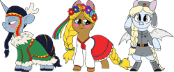 Size: 4817x2000 | Tagged: safe, artist:northernlightsone, oc, oc only, oc:hokosya, oc:mishka (bat pony), oc:sonyasha, bat pony, earth pony, pony, unicorn, antlers, bat pony oc, belt, bipedal, blushing, boots, braid, clothes, coat, dress, fangs, female, floral head wreath, flower, grin, hat, mare, nenets, russia, shoes, simple background, skirt, smiling, transparent background, trio, ukraine, unshorn fetlocks, ushanka