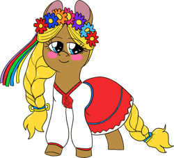 Size: 2204x2000 | Tagged: safe, artist:northernlightsone, derpibooru exclusive, oc, oc only, oc:sonyasha, earth pony, pony, blushing, braid, clothes, dress, female, floral head wreath, flower, high res, mare, shirt, simple background, skirt, solo, transparent background, ukraine