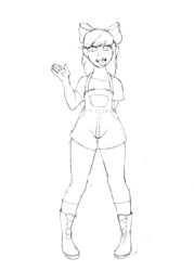 Size: 1000x1400 | Tagged: safe, artist:whogivesafuck, apple bloom, human, g4, boots, clothes, female, humanized, overalls, shoes, sketch, smiling, socks, solo, tongue out