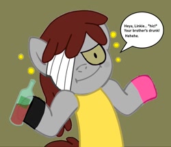 Size: 1213x1041 | Tagged: safe, artist:pagiepoppie12345, earth pony, pony, bandage, bottle, drunk, implied linkie lovie, male, one eyed, ponified, rob, shrug, shrugpony, speech bubble, the amazing world of gumball