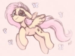 Size: 1882x1408 | Tagged: safe, artist:flixanoa, fluttershy, butterfly, pegasus, pony, g4, female, floppy ears, flying, looking at you, looking down, mare, solo, spread wings, wings