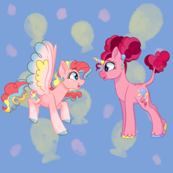 Size: 640x640 | Tagged: safe, artist:horse-time-babey, pinkie pie, pegasus, pony, g4, balloon, colored wings, duo, ear piercing, earring, excited, hair bun, jewelry, looking at each other, looking at someone, multicolored hair, multicolored wings, pegasus pinkie pie, piercing, race swap, raised tail, redesign, simple background, tail, unicorn pinkie pie, wings