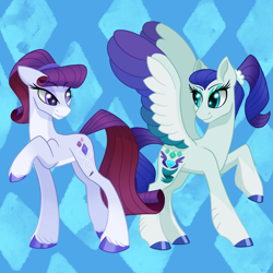 Size: 640x640 | Tagged: safe, artist:horse-time-babey, rarity, earth pony, pegasus, pony, g4, alternate cutie mark, alternate hairstyle, coat markings, colored hooves, colored wings, diamond, duo, earth pony rarity, eyeshadow, facial markings, female, looking at each other, looking at someone, makeup, multicolored wings, pale belly, pegasus rarity, ponytail, race swap, raised hoof, redesign, simple background, snip (coat marking), socks (coat markings), spread wings, tiled background, unshorn fetlocks, wings