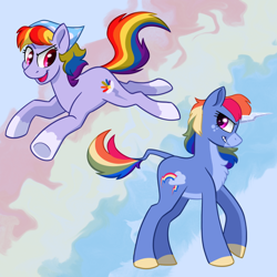 Size: 640x640 | Tagged: safe, artist:horse-time-babey, rainbow dash, pony, g4, duo, earth pony rainbow dash, female, jumping, looking at each other, looking at someone, race swap, redesign, simple background, unicorn rainbow dash
