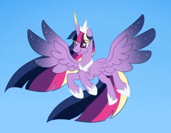 Size: 640x497 | Tagged: safe, artist:horse-time-babey, twilight sparkle, alicorn, pony, g4, colored wings, crown, description is relevant, female, gradient horn, gradient wings, happy, hoof shoes, horn, jewelry, multicolored hair, redesign, regalia, sparkles, twilight sparkle (alicorn), wings