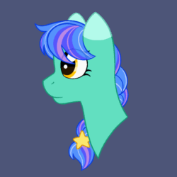 Size: 640x640 | Tagged: safe, artist:horse-time-babey, oc, oc only, oc:casterbay, earth pony, pony, animated, braid, eye clipping through hair, eyebrows, eyebrows visible through hair, female, floppy ears, gif, green coat, hairclip, lidded eyes, looking at you, mare, simple background, smiling, smiling at you, smirk, solo, stars, yellow eyes