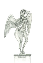 Size: 950x1372 | Tagged: safe, artist:baron engel, rainbow dash, pegasus, anthro, g4, bra, breasts, clothes, female, grayscale, mare, monochrome, pencil drawing, simple background, solo, statue, traditional art, underwear, uniform, white background, wonderbolts uniform