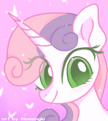 Size: 1008x1127 | Tagged: safe, artist:memengla, sweetie belle, pony, unicorn, g4, bust, eye clipping through hair, female, looking at you, smiling, smiling at you, solo