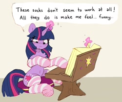 Size: 1033x864 | Tagged: safe, artist:orchidpony, twilight sparkle, pony, unicorn, g4, belly button, book, book stand, chest fluff, clothes, cute, dialogue, explicit source, horn, lectern, magic, socks, solo, striped socks, tail, telekinesis, twiabetes, unicorn twilight