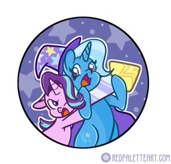 Size: 914x874 | Tagged: safe, artist:redpalette, starlight glimmer, trixie, pony, unicorn, g4, abstract background, bipedal, cape, clothes, cute, female, fireworks, hat, mare, one eye closed, rocket, smiling, toy interpretation, trixie's cape, trixie's hat, trixie's rocket